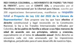 RED FAMILIA COLOMBIA, su MOVIMIENTO DE PADRES “UN PASO AL FRENTE”, junto con el COMITÉ 10A, y amparados por el Manifiesto Internacional por la Libertad para Educar, manifiestan su respaldo total al Proyecto de Ley 132 del 2022 de la Cámara de Representantes .